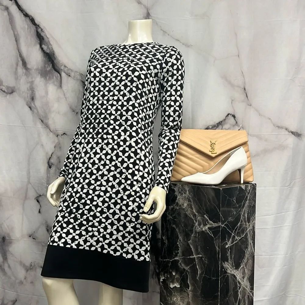 * Michael Kors, black and white print dress long sleeve mid length